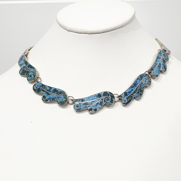 1940s Taxco Mexico Sterling Silver 950 Blue Stone Inlay 3 Piece Demi Parure Set - Picture 4 of 16